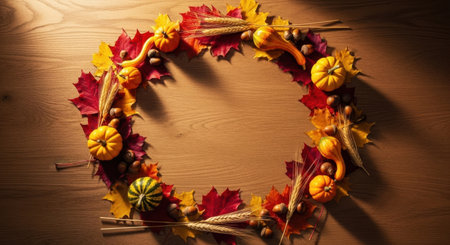 Circular autumn arrangement featuring vibrant maple leaves, small pumpkins, gourds, wheat stalks, and acorns on a warm wooden surface, creating a festive frame.の素材
