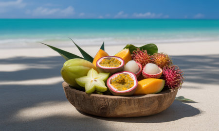 Vibrant tropical fruits including star fruit, passion fruit, rambutan, and mango in a rustic wooden bowl on a white sandy beach. clear turquoise ocean and blue sky create a paradise setting, evoking summer vacation and healthy lifestyle.の素材