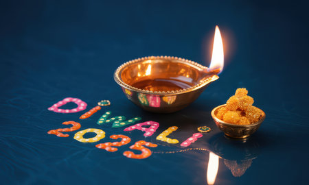 Glowing brass diya oil lamp with a bright flickering flame, alongside colorful diwali 2025 text and traditional indian sweets, symbolizing the hindu festival of lights.の素材