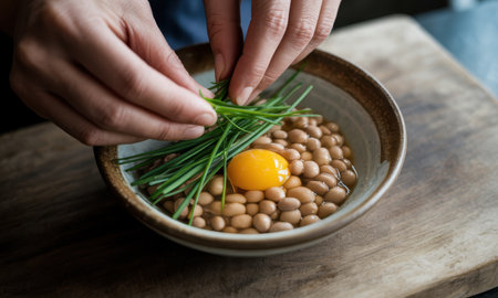 Woman hands carefully placing fresh chives onto a bowl of fermented soybeans natto with a raw egg yolk, prepared on a wooden board. healthy, traditional japanese food.の素材