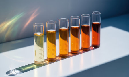 Five laboratory test tubes filled with liquids, displaying a color gradient from light amber to dark red, arranged in a row with bright light and colorful refraction.の素材