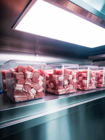 Diced raw pork meat in transparent plastic containers neatly arranged on a stainless steel shelf under bright lighting, ready for cooking or storage in a professional kitchen.の素材