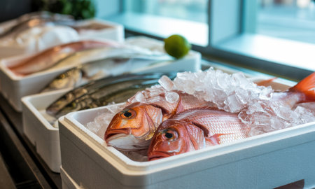 Vibrant red snapper and various fresh fish displayed on a bed of crushed ice in white containers, ready for sale at a bustling seafood market or restaurant. emphasizes freshness and quality.の素材