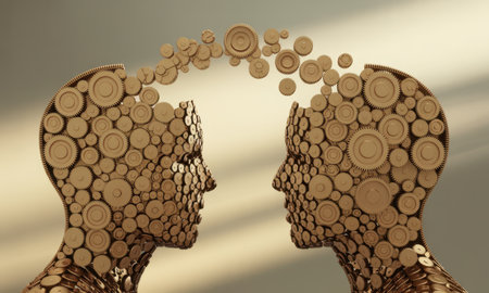 Two human head silhouettes, composed of bronze gears, face each other with gears flowing between them, symbolizing communication, knowledge transfer, and connection.の素材