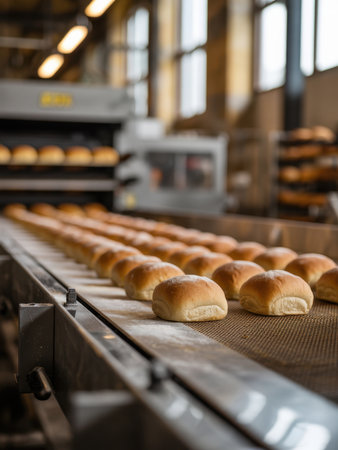 Golden brown bread rolls, lightly dusted with flour, moving on a stainless steel conveyor belt in a modern industrial bakery, showcasing automated production of fresh baked goods.の素材