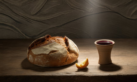 Rustic loaf of bread, partially torn, with a single crumb on a wooden table next to a simple clay chalice filled with red wine, under a dramatic spotlight.の素材
