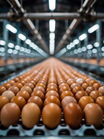 Countless brown eggs on a long automated conveyor belt in a modern industrial poultry factory, showcasing efficient food production and processing.の素材
