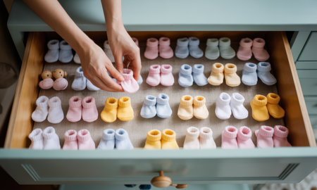 Woman hands arranging numerous pairs of pastel colored baby booties and socks in a neatly organized drawer, symbolizing new life and preparation for a newborn.の素材