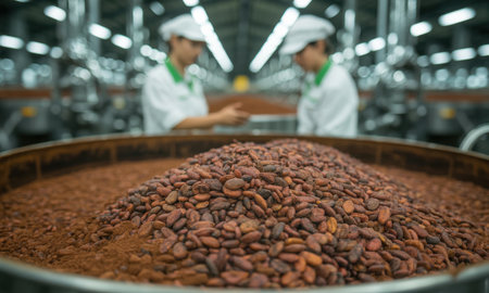Raw cocoa beans piled high in a large industrial vat, with two female workers in uniform inspecting the production process in a food factory.の素材