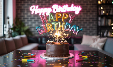 Chocolate birthday cake decorated with colorful happy birthday balloon letters and a lit sparkler, surrounded by confetti on a table, creating a festive celebration atmosphere.の素材