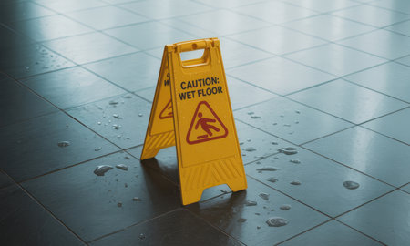 Bright yellow caution wet floor sign on a dark tiled floor with visible water puddles. essential for safety, hazard warning, and accident prevention in public spaces.の素材