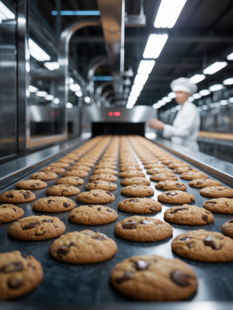 Chocolate chip cookies moving along a modern factory production line conveyor belt, with a blurred baker overseeing the automated process in a food manufacturing facility.の素材