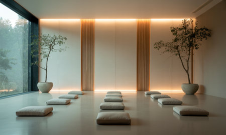 Minimalist meditation room interior with multiple light gray cushions arranged for group sessions. features large window, potted trees, and soft ambient lighting, creating a calm and peaceful atmosphere for yoga or mindfulness.の素材