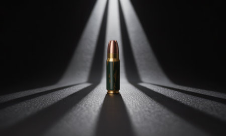 A single firearm cartridge with a green casing and copper tip stands vertically, illuminated by dramatic spotlights creating long shadows on a dark, textured surface, symbolizing power and danger.の素材