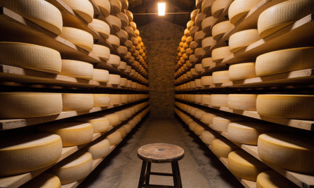 Numerous large, circular cheese wheels are neatly organized on robust wooden shelving in a traditional aging cellar, with a rustic stool in the foreground.の素材