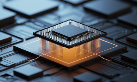 Advanced computer microchip processor with intricate circuit patterns and numerous pins, illuminated by an orange glow indicating data processing on a dark circuit board.の素材
