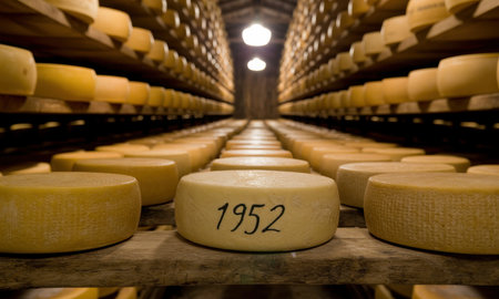 Rows of large, circular cheese wheels neatly organized on wooden shelves in a dimly lit traditional aging cellar. showcasing the maturation process, dairy production, and food storage.の素材