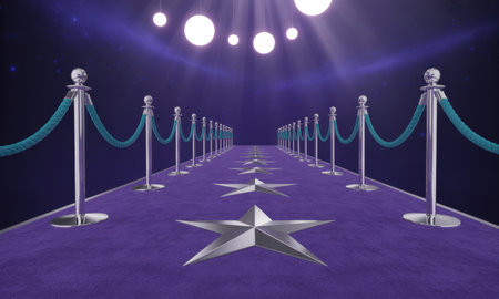 Luxurious purple carpet with gleaming silver stars and velvet ropes, illuminated by spotlights, symbolizing success, fame, and exclusivity.の素材