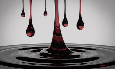 Dark red viscous liquid defying gravity, flowing upwards from a rippled surface with suspended droplets. abstract fluid motion concept.の素材