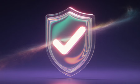 Transparent glass shield featuring a luminous checkmark, set against a dark, ethereal backdrop. symbolizes online safety, trust, and quality assurance.の素材