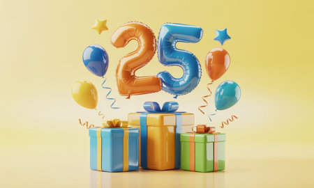 Number 25 foil balloons, colorful party balloons, and star shapes float above a stack of three wrapped gift boxes. ideal for birthday, anniversary, or milestone celebration concepts.の素材