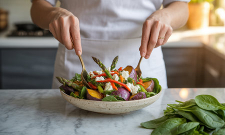 Woman hands tossing a vibrant healthy salad with roasted sweet potatoes, fresh asparagus, red bell pepper, and feta cheese in a modern kitchen setting. emphasizes fresh ingredients and home cooking.の素材