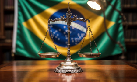 Antique brass balance scale with empty pans on a wooden desk, set against a waving brazilian flag. symbolizes justice, law, and national governance, with a legal library in the background.の素材