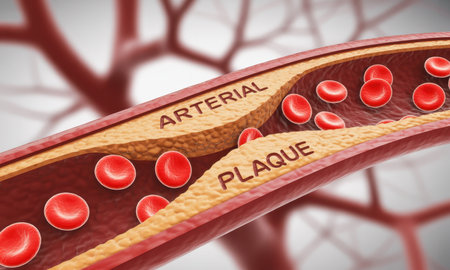Human artery cross section showing atherosclerosis with significant plaque buildup narrowing the lumen. red blood cells flow past the arterial obstruction, illustrating cardiovascular disease and health risk.の素材