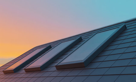 Sleek modern residential roof featuring three integrated skylights, capturing the warm glow of a sunset or sunrise sky. contemporary architecture emphasizing natural light and energy efficiency.の素材