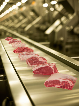 Fresh raw meat cuts, including beef and pork, are transported on a gleaming stainless steel conveyor belt within a hygienic food processing facility, emphasizing industrial production and food safety.の素材