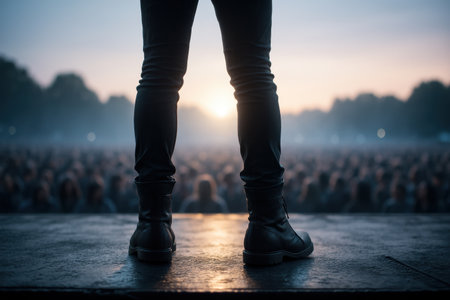 Performer legs and boots on a stage, silhouetted against a sunset sky with a large, blurred audience in the background. captures the atmosphere of a live outdoor concert or music festival.の素材