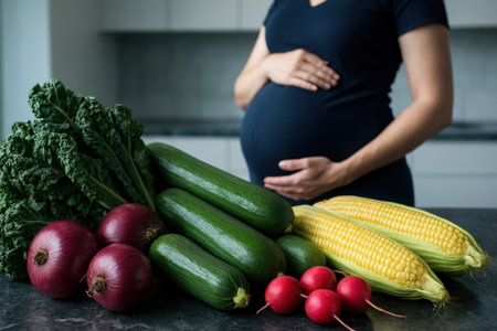 Pregnant woman holding her belly, surrounded by a vibrant assortment of fresh organic vegetables including kale, cucumbers, corn, radishes, and red onions on a kitchen counter, symbolizing healthy nutrition and wellness during pregnancy.の素材