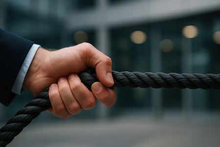 Businessman hand in a suit sleeve firmly grips a thick, dark rope, symbolizing strength, challenge, and determination in a professional setting.の素材