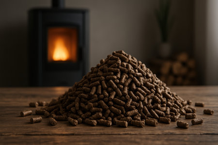 Dark brown wood pellets piled on a rustic wooden surface, with a warm, glowing fireplace in the soft focus background, symbolizing renewable energy and home heating.の素材