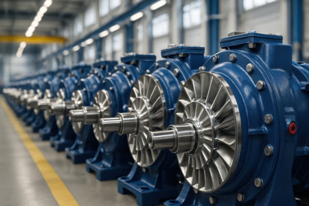 Blue industrial turbine pumps with polished silver impellers arranged in a long row inside a modern manufacturing facility, showcasing engineering and production.の素材