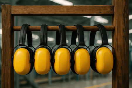 Bright yellow industrial hearing protectors with black headbands hanging neatly on a wooden rack, symbolizing safety and protection in a noisy factory environment.の素材