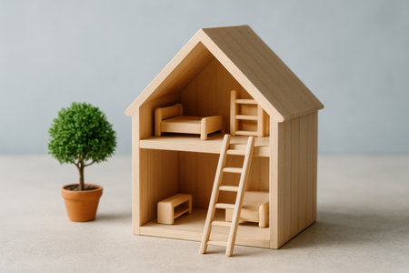 Charming two story wooden dollhouse with minimalist furniture including a bed, ladder, and sofa, accompanied by a small potted green plant. represents concepts of home, family, and domestic life.の素材