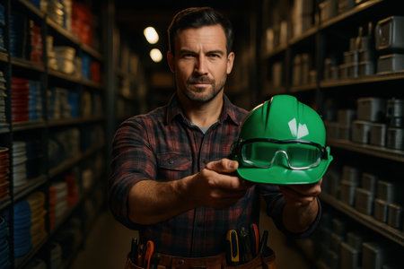 Confident male electrician in a plaid shirt and tool belt holds a green safety helmet and goggles, looking directly at the camera in a workshop, symbolizing safety and professionalism.の素材