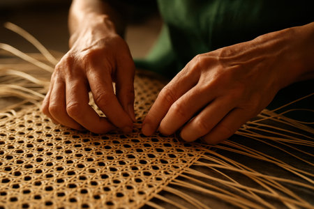 Skilled hands meticulously weave thin, natural rattan strips into an intricate pattern, showcasing traditional craftsmanship and manual dexterity.の素材