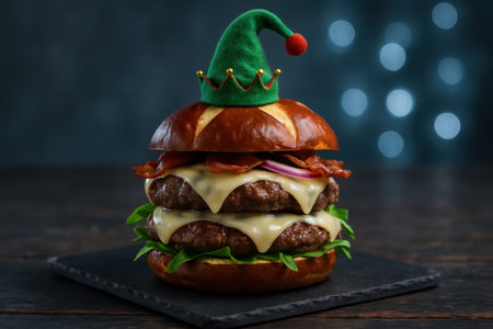 Double cheeseburger with two beef patties, melted cheese, crispy bacon, red onion, and arugula on a pretzel bun, topped with a festive green elf hat, perfect for holiday menus.の素材