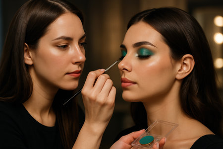 Professional make up artist applying vibrant emerald green eyeshadow to a young brunette woman eyelid, highlighting beauty, cosmetics, and fashion.の素材