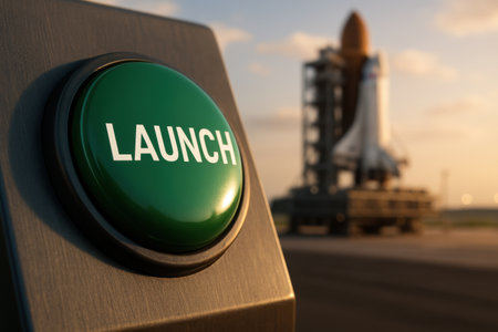 Close up of a glossy green launch button with white text, ready to initiate a space mission. blurred space shuttle on a launchpad in the background at sunrise.の素材