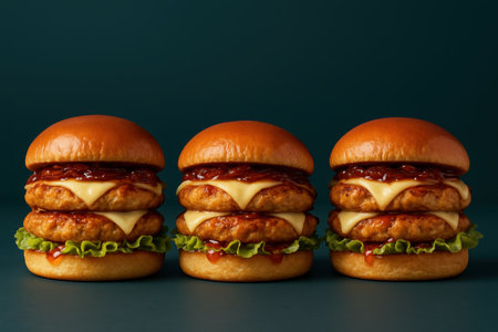 Three double stacked chicken burgers featuring two juicy patties, melted monterey jack cheese, savory sauce, and fresh lettuce on a brioche bun. appetizing fast food meal.の素材