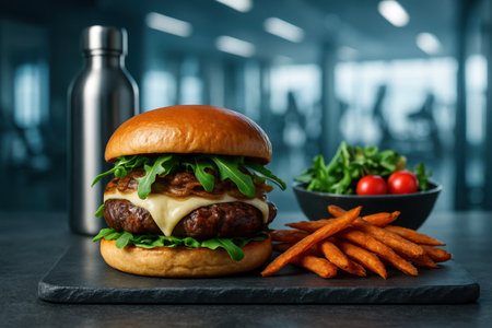 Juicy gourmet cheeseburger with melted cheese, caramelized onions, and fresh arugula on a brioche bun, served with sweet potato fries and a healthy green salad.の素材