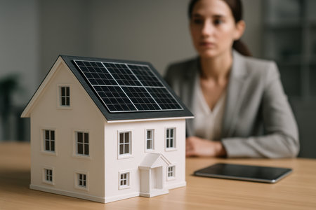 White architectural house model with black solar panels on its roof, symbolizing sustainable energy, eco friendly living, and renewable technology for modern homes.の素材