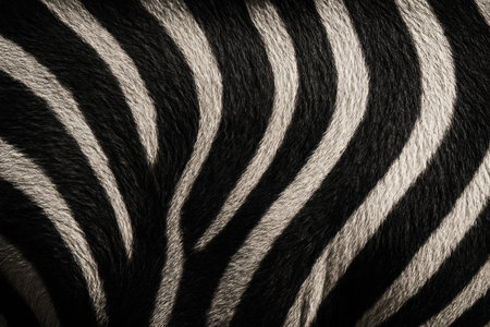 Detailed close up of black and white zebra fur, showcasing the natural striped pattern and fine hair texture. a classic animal print background.の素材
