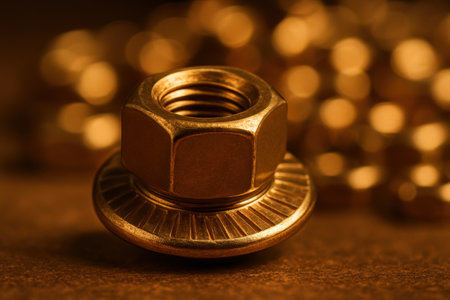 A single golden bronze flanged nut stands prominently in sharp focus, showcasing its intricate thread and ribbed flange detail. blurred metallic nuts create a warm, golden background, emphasizing precision, engineering, and industrial strength.の素材