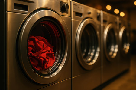 Row of modern stainless steel washing machines in a laundromat, with the front machine open revealing vibrant red laundry inside, ready for washing.の素材
