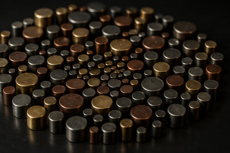Numerous metallic cylinders of varying sizes and colors, including gold, silver, and copper, arranged closely on a dark surface, creating a textured pattern.の素材