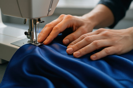 Hands precisely guide shimmering royal blue satin fabric under the needle of a modern sewing machine, highlighting detail in textile craftsmanship and fashion creation.の素材